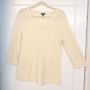 Talbots Textured V-Neck w/ Fringe Trimmed Sleeves